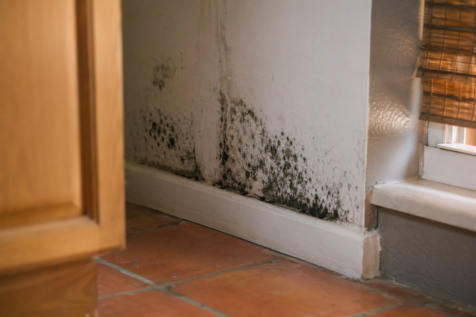 Black mold growing on white drywall near the baseboard in a Florida home, terracotta tile floor visible