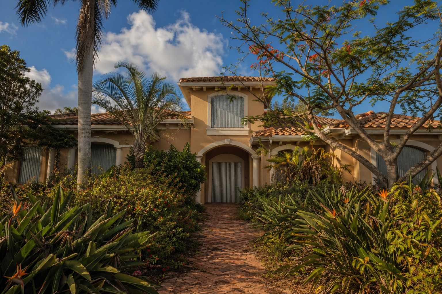 Closed-up Florida stucco home with hurricane shutters and overgrown tropical landscaping after a summer vacancy