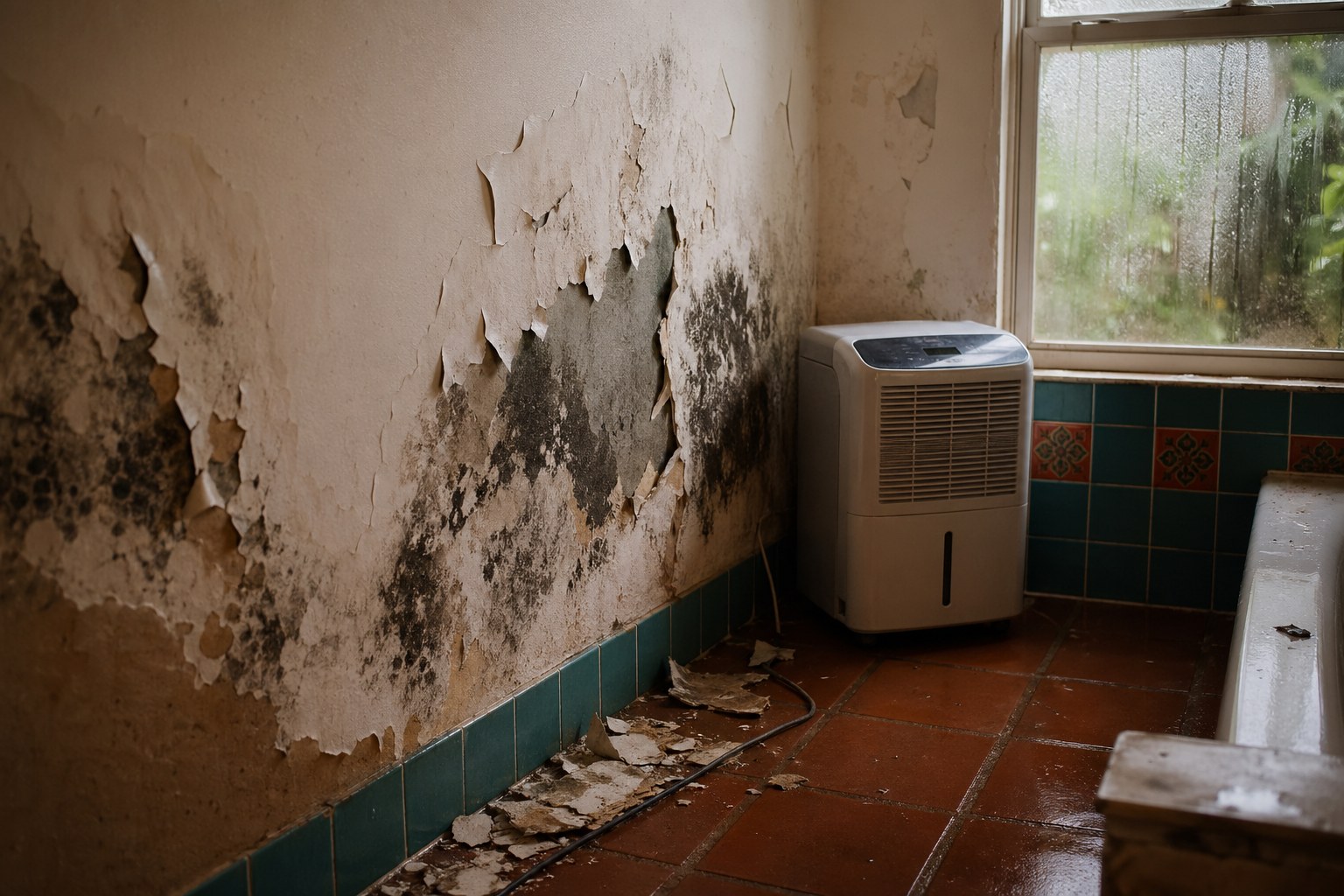 Mold growth and peeling paint on a bathroom wall in a Sarasota home after flooding with dehumidifier running