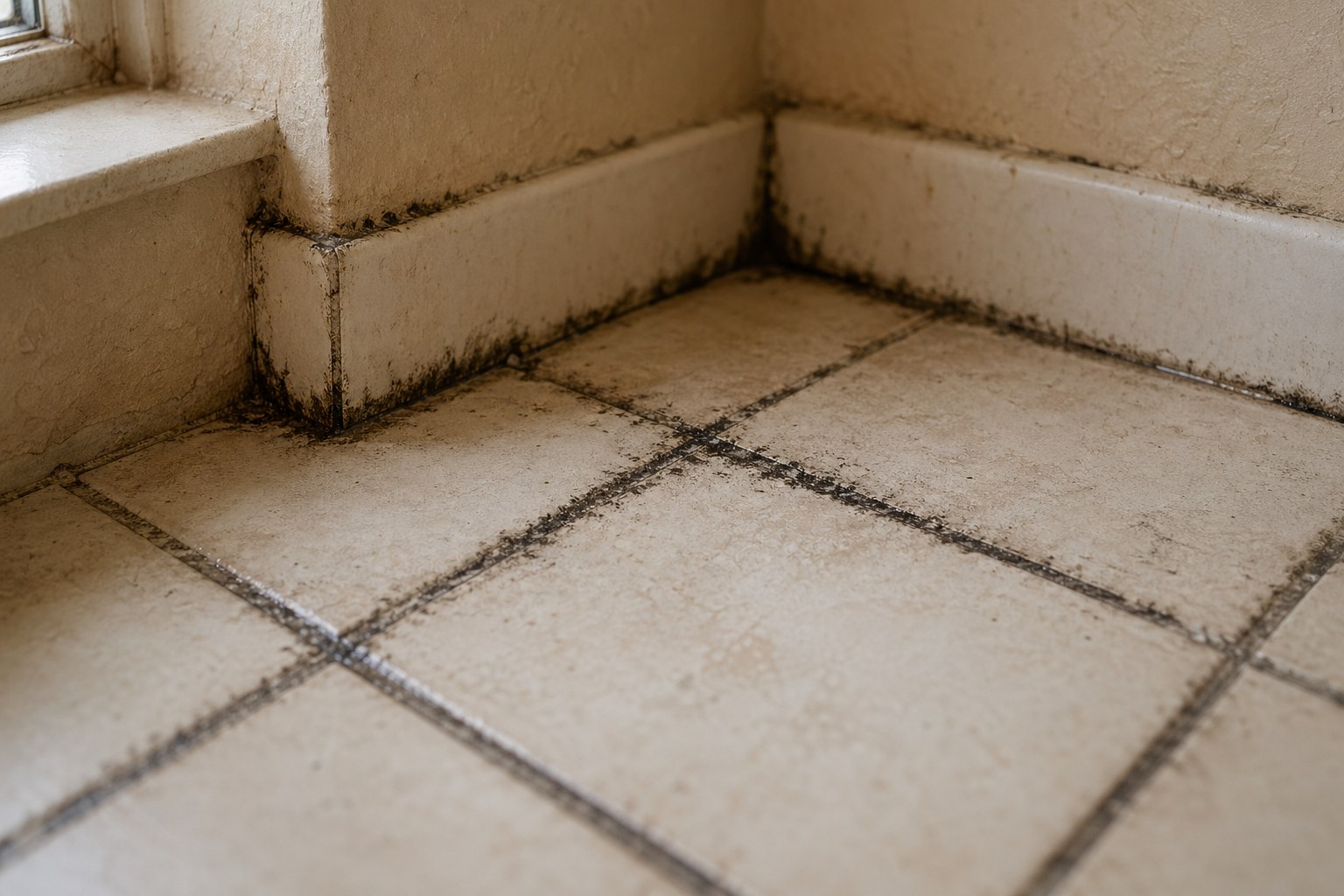 Dark mold growing in tile grout lines of a Sarasota Florida bathroom floor with stucco walls