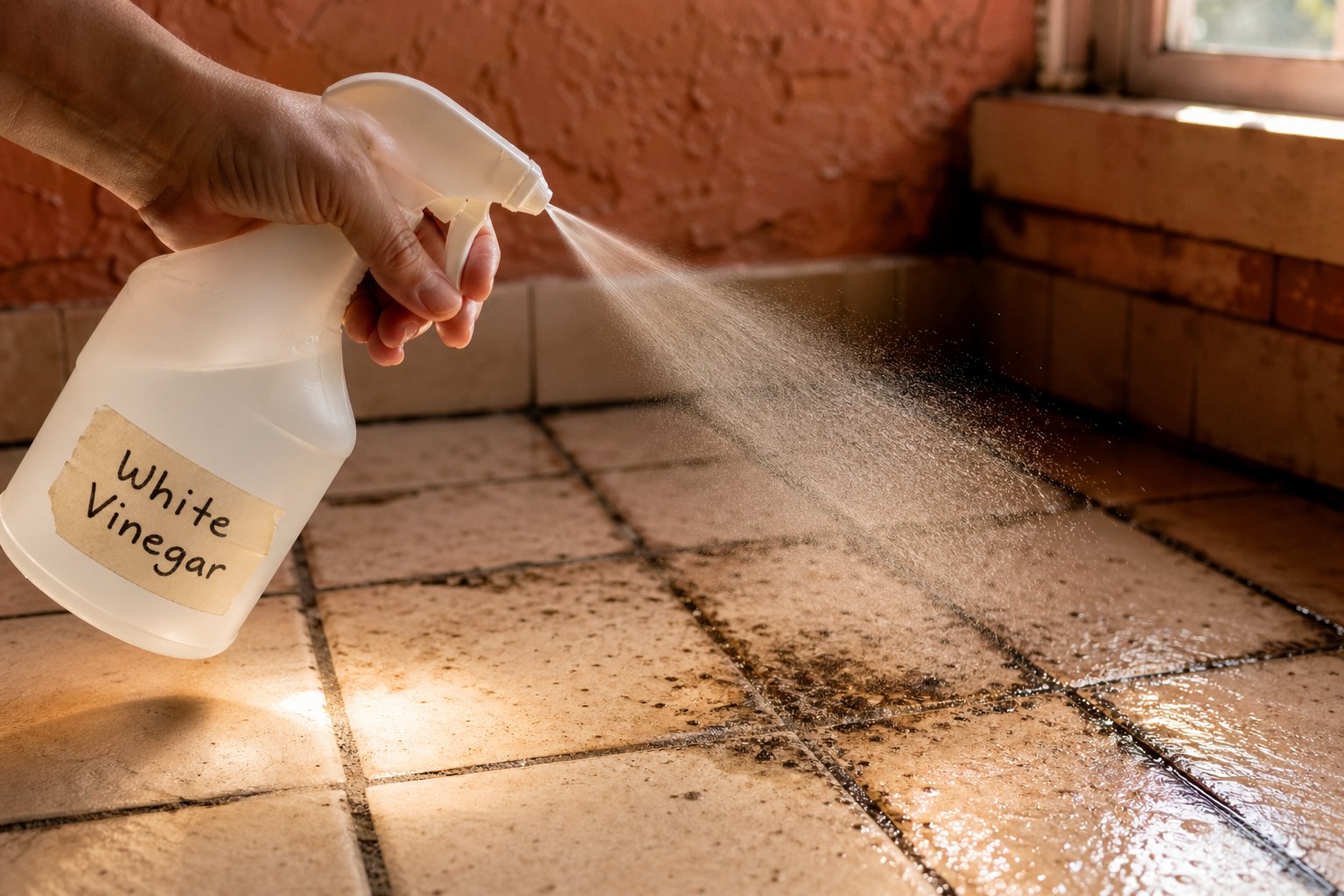 Spray bottle of white vinegar being applied to mold-stained tile grout in a Florida home