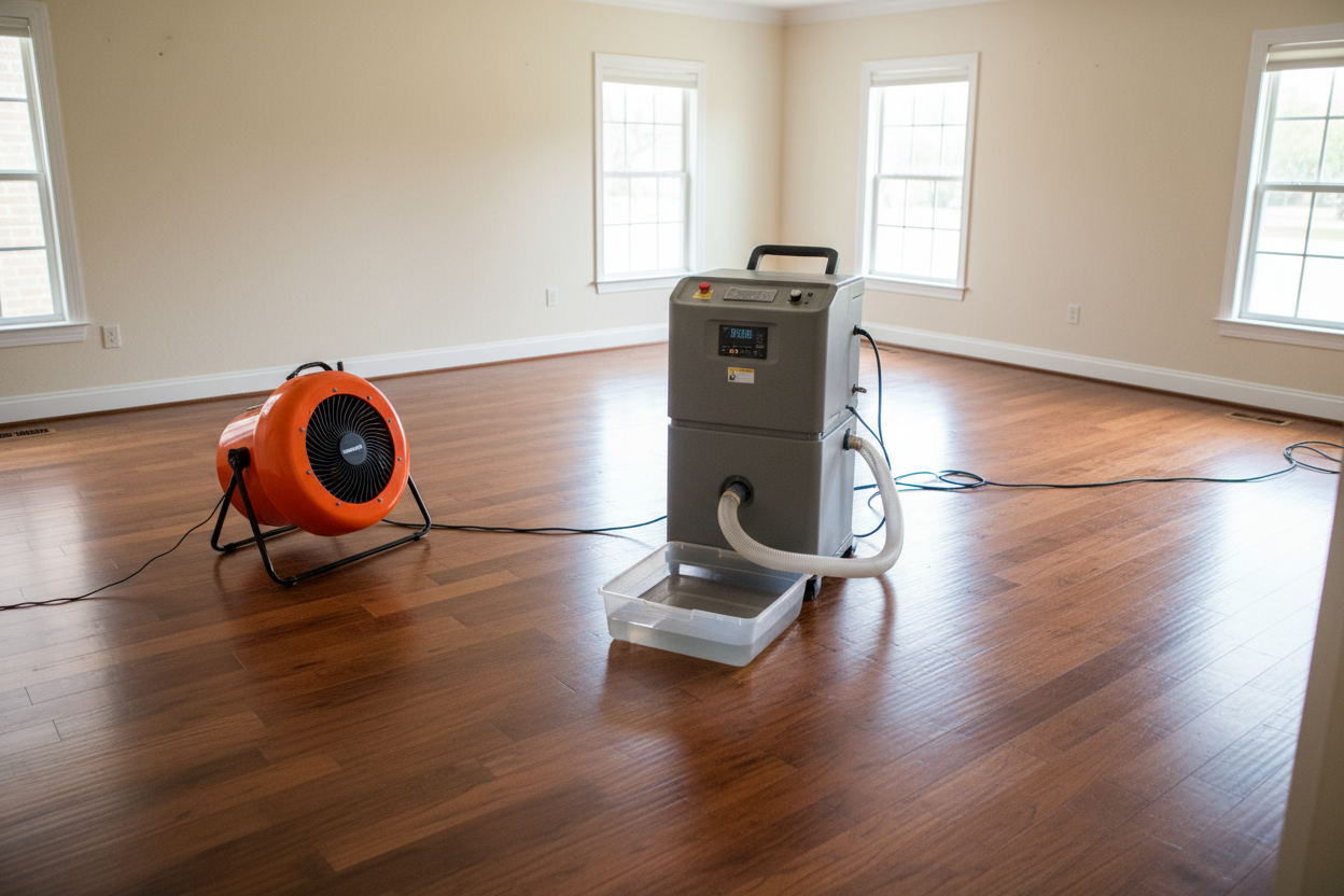 Commercial orange air mover and grey LGR dehumidifier running on hardwood floor during water damage restoration in a Sarasota home