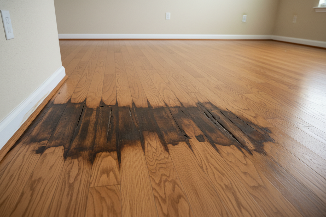 Dark water staining spreading across hardwood floor boards in an empty Florida home room