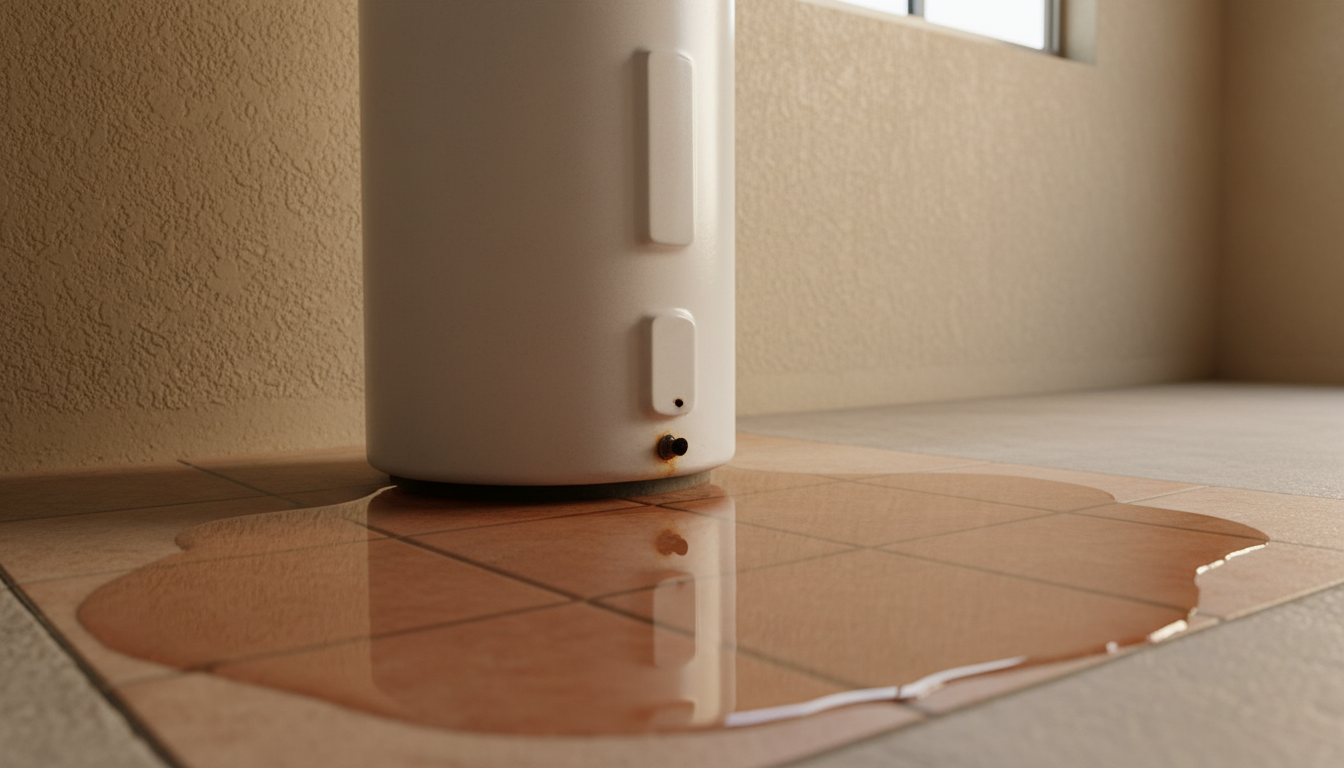 Water pooling around the base of a residential water heater on terracotta tile in a Sarasota garage