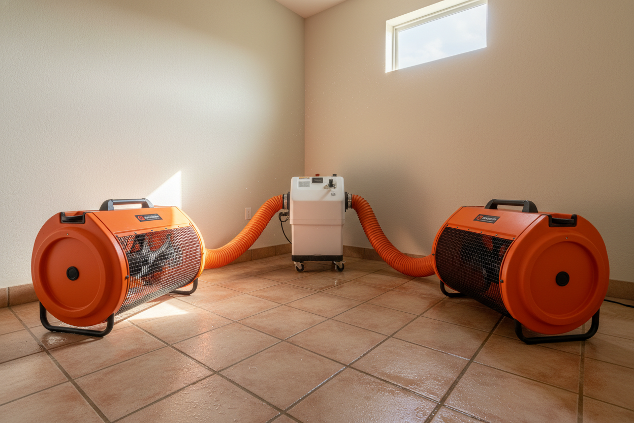Orange commercial air movers and industrial dehumidifier running on tile floor in a Sarasota home after water damage